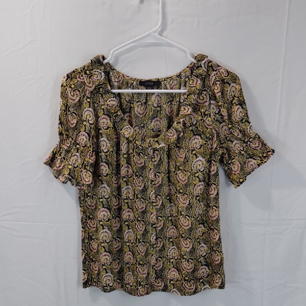 J. Crew Black Floral Ruffle Neck Blouse with Pink & Cream Accents